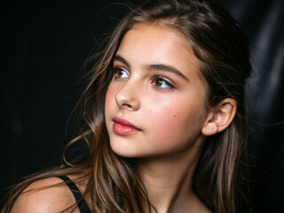 Portrait, young woman, long brown hair, hazel eyes, natural makeup, soft lighting, dark background, thoughtful expression, freckles, youthful beauty, close-up, studio photography