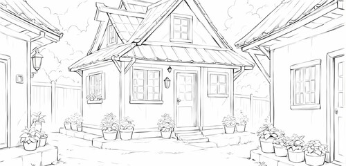 Obraz premium Village houses, potted plants, with a forest in the background