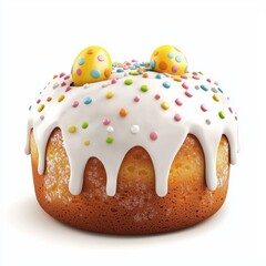 Easter Cake with white icing and sprinkles, isolated on white