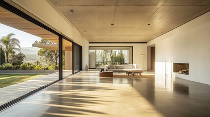 A contemporary empty room overlooking the living room beyond has concrete floors, plank ceilings and blank white walls to create space for text, allowing sunlight to enter the room