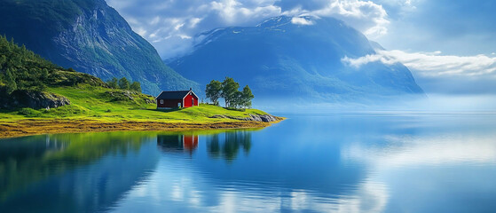Lake landscape and clear mountain during daytime. Ai generate.