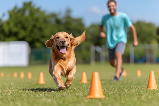 Golden retriever running an agility course with a man in the background, the dog is looking directly at the camera.