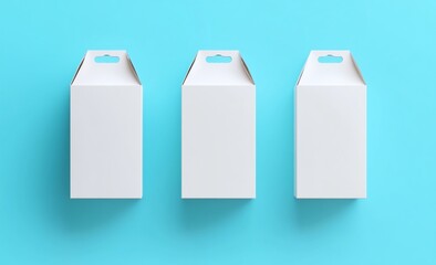 Three blank white cardboard boxes with hang holes on a light blue background.