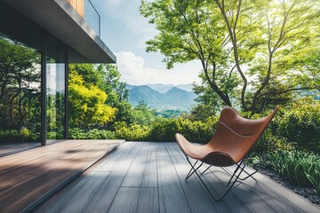 Empty modern terrace with garden view, wooden floor and concrete tiles furnished with leather chair overlooking large garden.