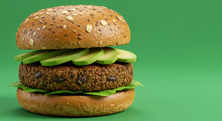 A delicious plant-based burger with a quinoa and black bean patty, fresh avocado slices, and a multigrain bun, placed on a bright green background