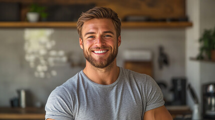 Obraz premium A cheerful young man with a warm smile wearing a casual gray t-shirt standing in a stylish modern kitchen with a relaxed atmosphere 