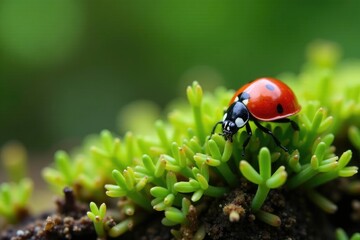 Fototapeta premium Ladybug crawling on small plants near mossy stump, plants, tiny creatures