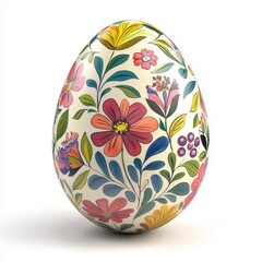 Painted Wooden Easter Egg with floral design, isolated on white