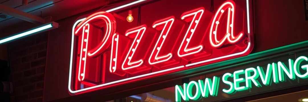 A retro-style pizza shop sign glowing with the words "Open" and "Now Serving" in bright neon lights, pizza, neon, sign
