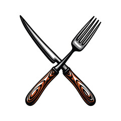 Create a high-resolution editable stroke vector graphic of a crossed fork and knife, suitable for menu design or restaurant branding.  Ensure clean lines and crisp details.
