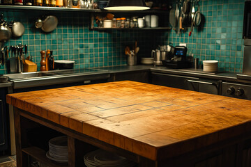 Empty wooden table inside professional restaurant kitchen , for product placement advertisement