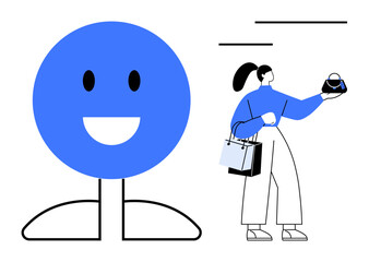 Giant blue smiling face beside a woman holding shopping bags and a purse. Ideal for consumer behavior, retail therapy, shopping trends, minimalist art, emotions, modern lifestyle, abstract line flat