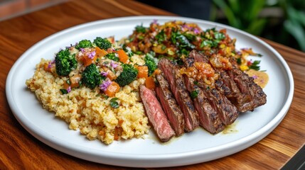 Fototapeta premium Healthy food arrangement on a white plate served on a rustic wooden table for a nutritious meal