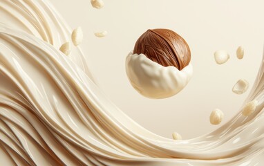 Golden macadamia nut suspended mid-air with creamy white chocolate waves, pastel beige background