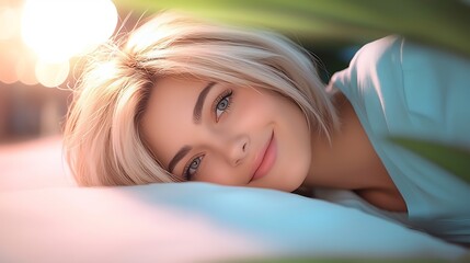 Fototapeta premium Woman resting peacefully in bed, sunlit, natural light