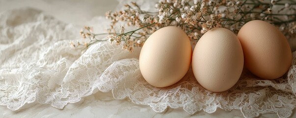 Brown Eggs on Lace with Flowers Still Life