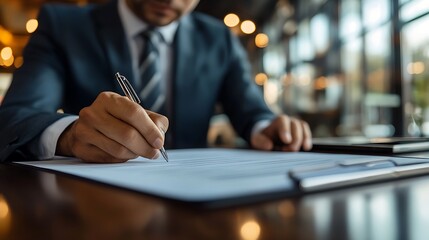Close-up of businessman signing document at desk.