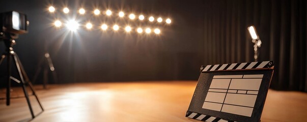 A film set featuring a clapperboard, bright lights, and a camera, creating an atmosphere ready for a movie shoot.