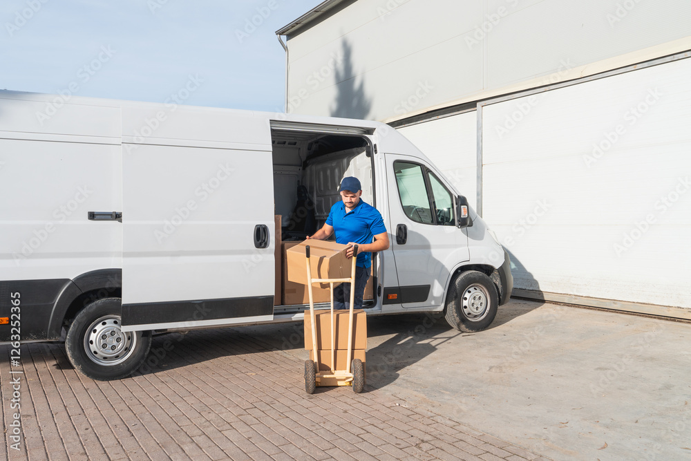 Poster delivery worker unloading boxes from van with hand truck. courier in blue uniform unloading cardboar