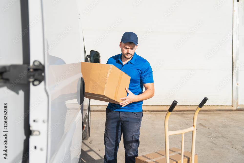 Fototapete delivery worker loading cardboard box into van. courier in blue uniform loading a cardboard box into