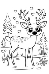 Cute cartoon deer black line coloring sheet  for a coloring book page, isolated on white doodle illustration