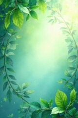 Obraz premium Soft watercolour greens and blues blending with leafy wreaths, misty atmosphere, leaves, watercolour