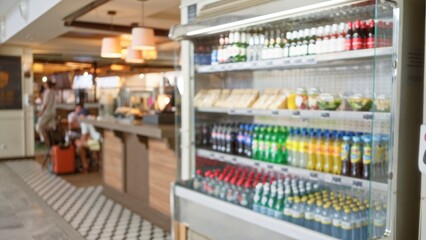 Blurry image of a restaurant with defocused fridge filled with various drinks and sandwiches in the foreground