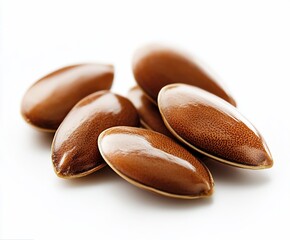 Close-up of several shiny brown flax seeds on a white background.