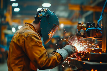 Engineer check and control welding robotics automatic arms machine in factory automotive industrial. blurred digital manufacturing operation.