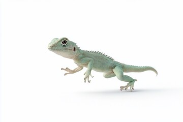 Obraz premium A light green lizard in mid-stride against a white background.