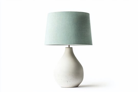 Teal fabric shade table lamp with off-white ceramic base.