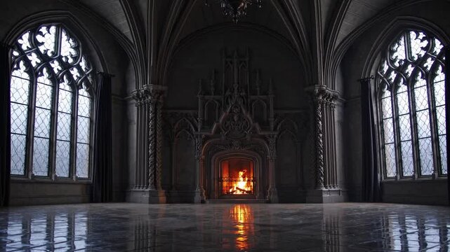 Gothic-style grand hall with a lit fireplace, viewed from a low angle. The video captures intricate arches and stained glass windows, creating a mysterious ambiance.