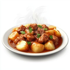 Steaming plate of traditional Irish stew with potatoes and meat on a white background