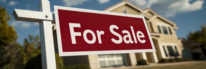 Beautiful home for sale sign in front of a modern house on a sunny day