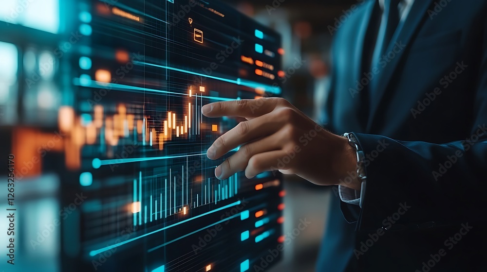 Aufkleber businessman interacts with a futuristic screen displaying dynamic data charts and graphs.