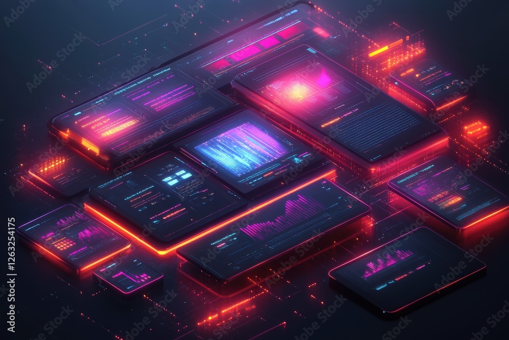 Poster isometric website optimization featuring layout development and data visualization techniques