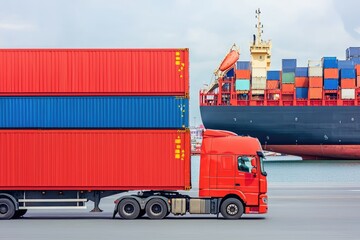 A truck loaded with shipping containers is parked near a cargo ship, highlighting the logistics and transport industry.