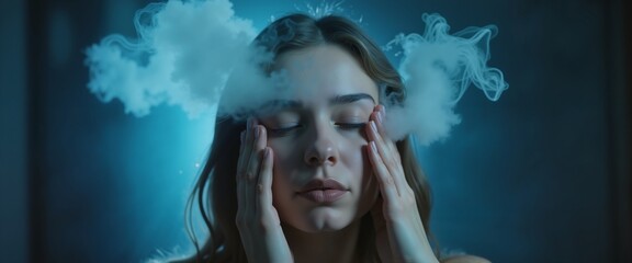 Fototapeta premium Young woman with closed eyes and dreamy expression in blue mist, surreal concept art