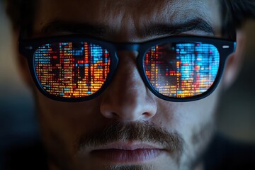 Reflection of program code in programmer's glasses during a coding session at night