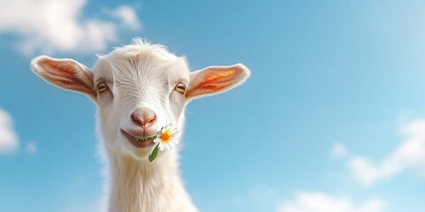 Obraz premium Cute goat with daisy, sunny sky, farm background