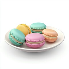 Small plate of macarons in pastel colors on a white background