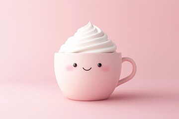 Cute pink mug with whipped cream smiling.