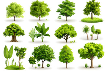 Fototapeta premium Various realistic green trees collection isolated on white background