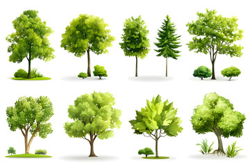 Fototapeta premium Various realistic green trees collection isolated on white background