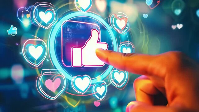 Interactive digital interface: hand navigating a social media icon with vibrant heart animations