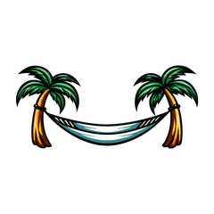 Create an editable stroke vector illustration of a hammock gently swaying between two palm trees on a sunny beach.  Include detailed textures and realistic shading.