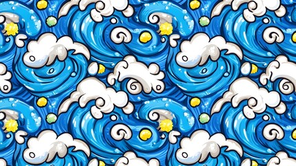 Fototapeta premium Colorful Water Waves Pattern with Clouds and Sun Elements