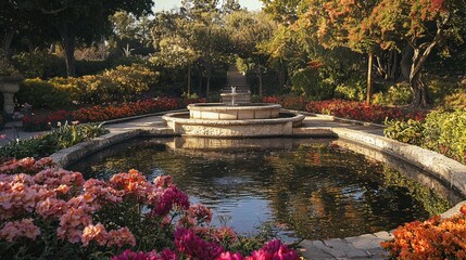Fototapeta premium Serene garden with colorful flowers and a fountain reflecting the trees.