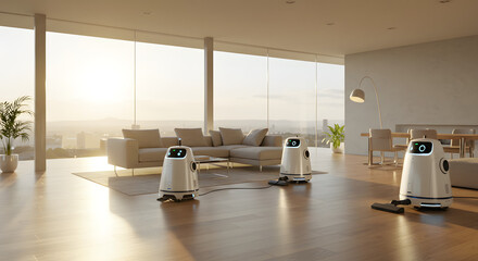 Modern smart home cleaning robots efficiently cleaning luxurious apartment hardwood floor during golden hour sunlight on transparent background room