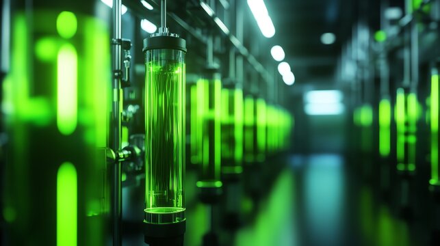 Green laboratory tubes in a modern facility.